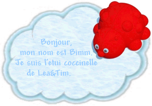 Bonjour,
     mon nom est Bimm.
     Je suis l'etui coccinelle
de Lea&Tim.